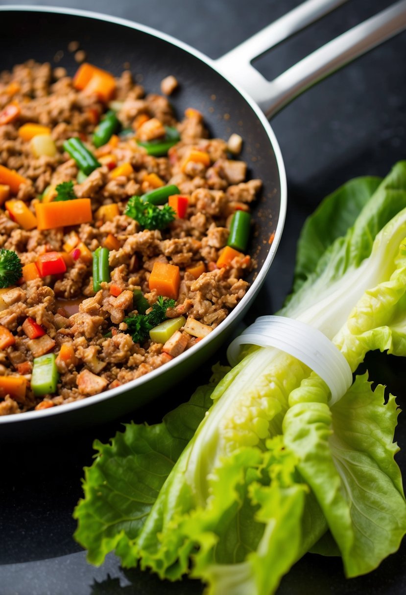 A sizzling pan of ground turkey, mixed with Asian-inspired seasonings and colorful vegetables, sits beside a stack of fresh lettuce leaves, ready to be filled and wrapped