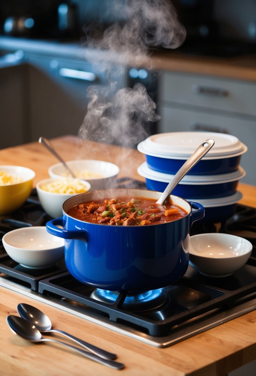 A steaming pot of chili sits on a stove, surrounded by empty bowls and spoons. A stack of Tupperware containers waits nearby for leftovers