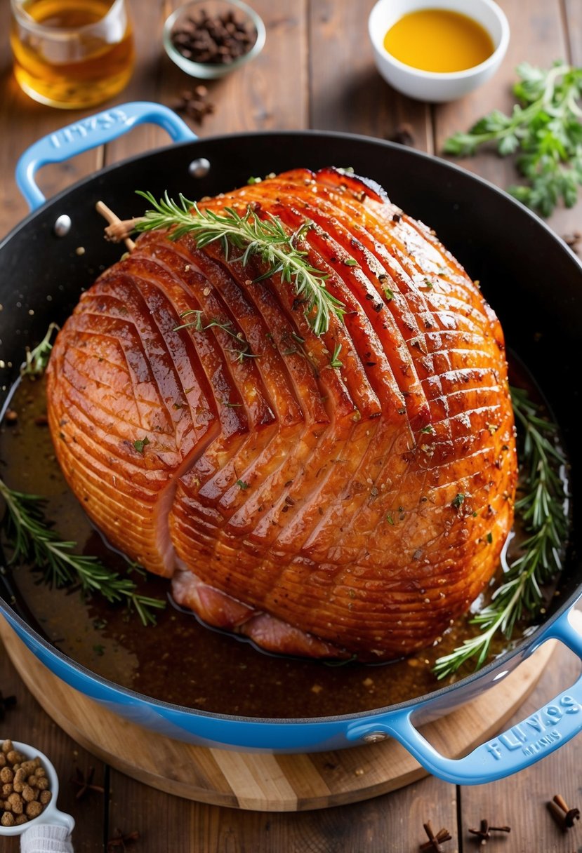 A succulent honey-glazed ham sizzling in a roasting pan, surrounded by cloves and garnished with fresh herbs