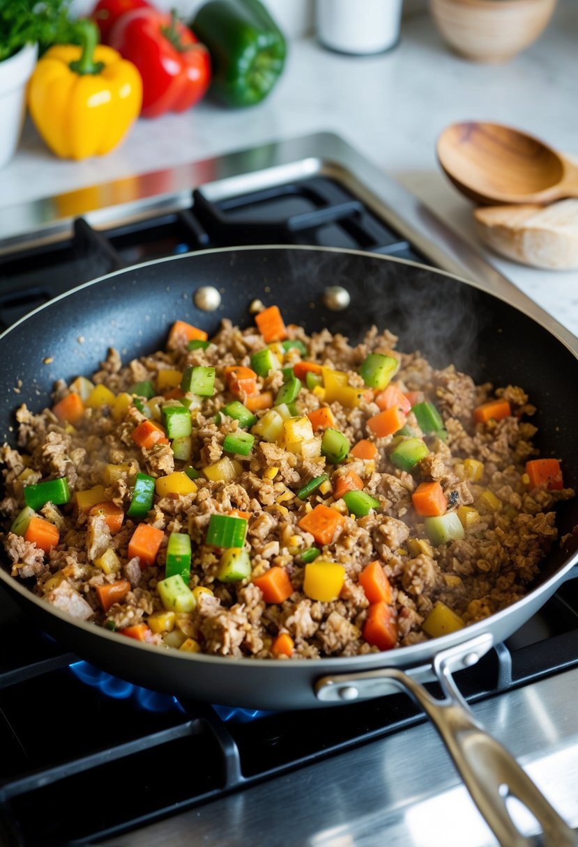 A sizzling skillet filled with ground turkey and colorful vegetables cooking together over a hot stove