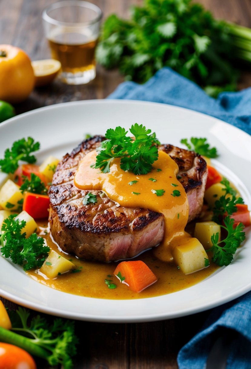 A sizzling gammon steak topped with parsley and cider sauce on a white plate, surrounded by colorful vegetables and garnished with fresh herbs