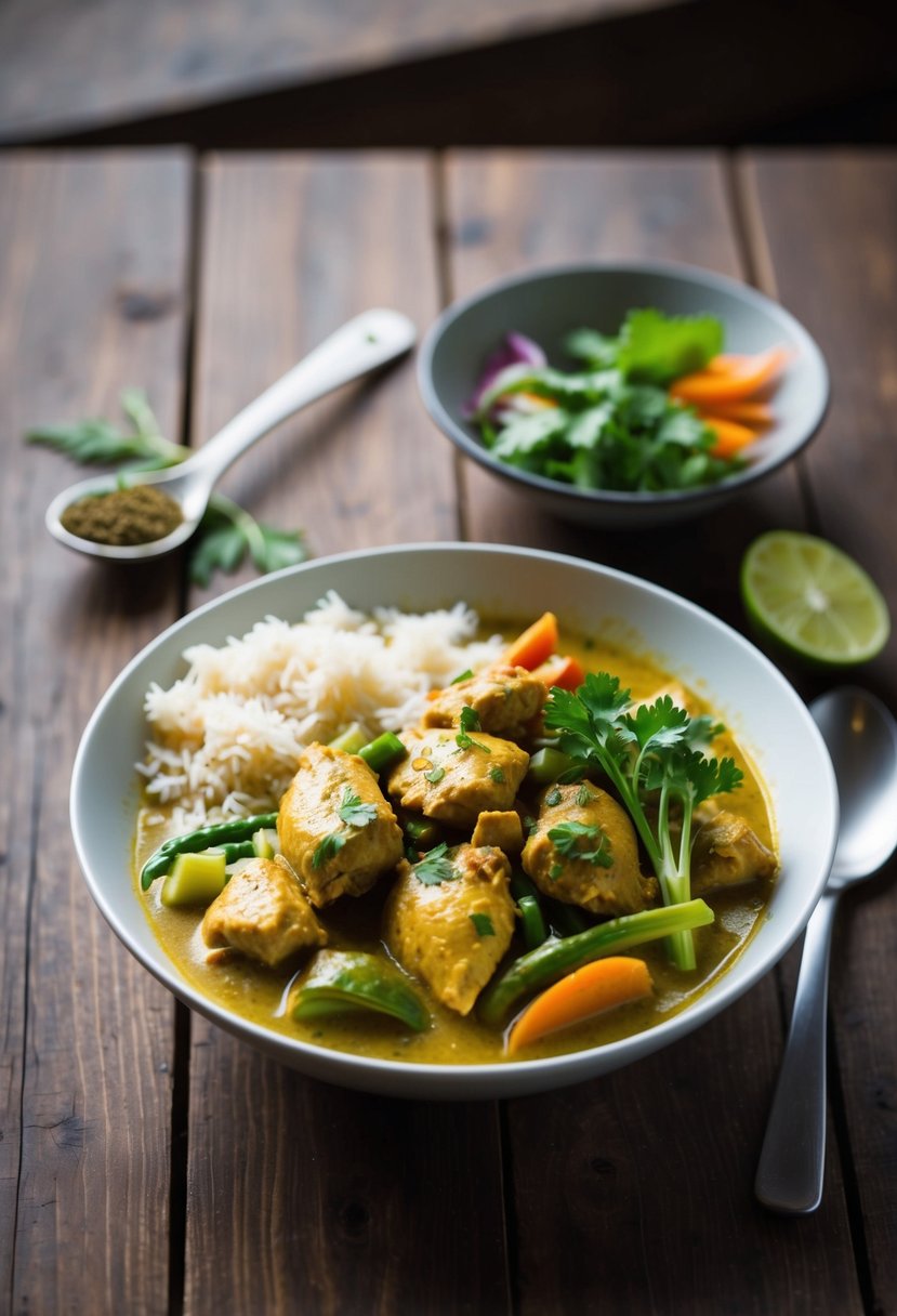 A bowl of Thai chicken curry with rice, vegetables, and herbs, sitting on a wooden table with a spoon beside it