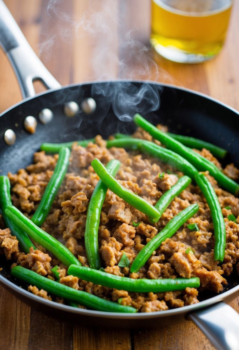 A sizzling skillet of ground turkey and green beans cooking together, emitting savory aromas