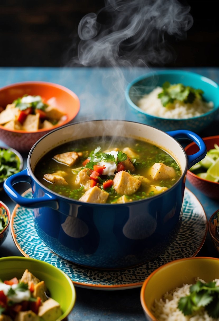 A steaming pot of posole verde filled with chunks of tender chicken, surrounded by colorful bowls and garnishes, ready for serving