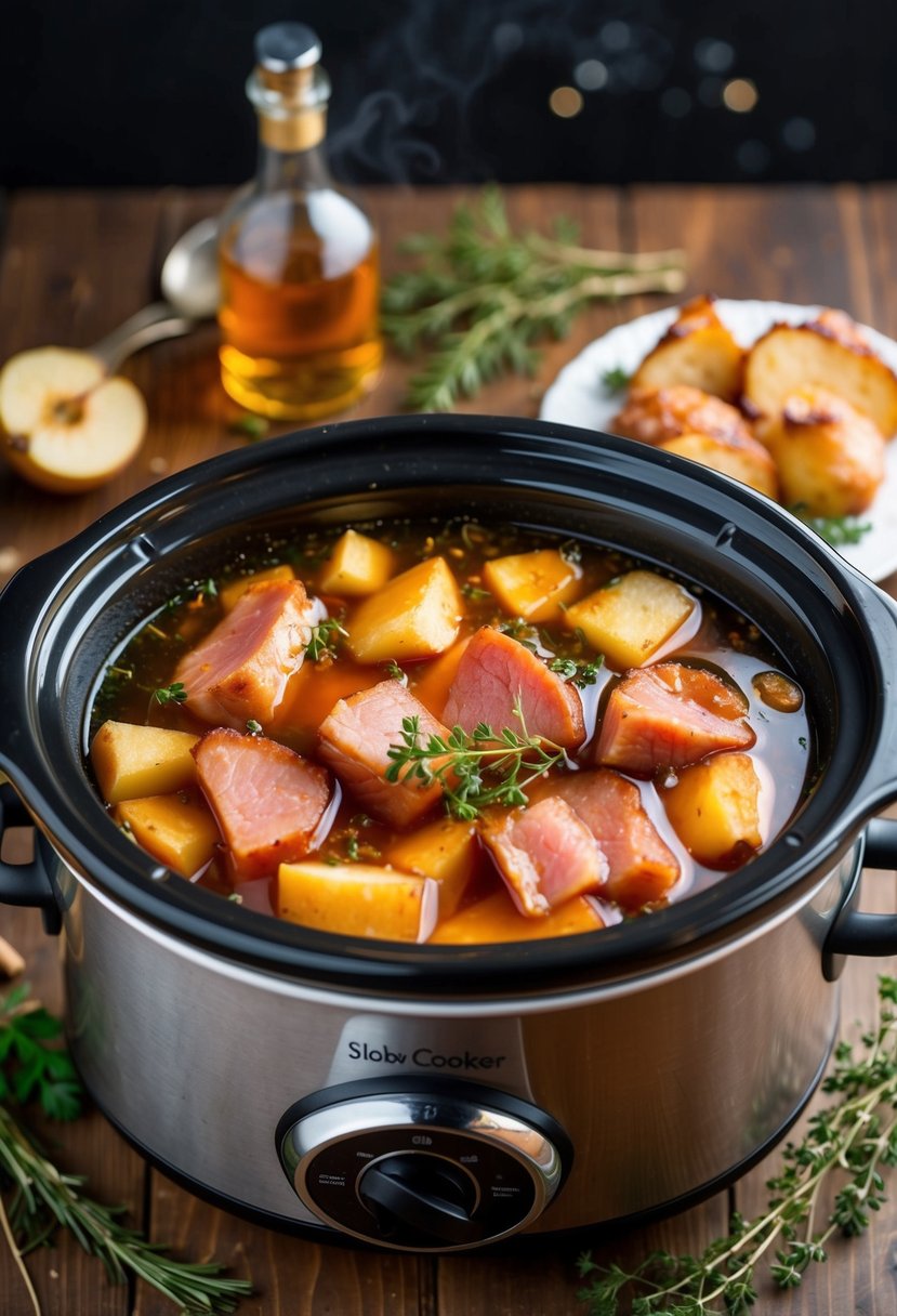 A slow cooker filled with bubbling cider and chunks of gammon, surrounded by aromatic herbs and spices