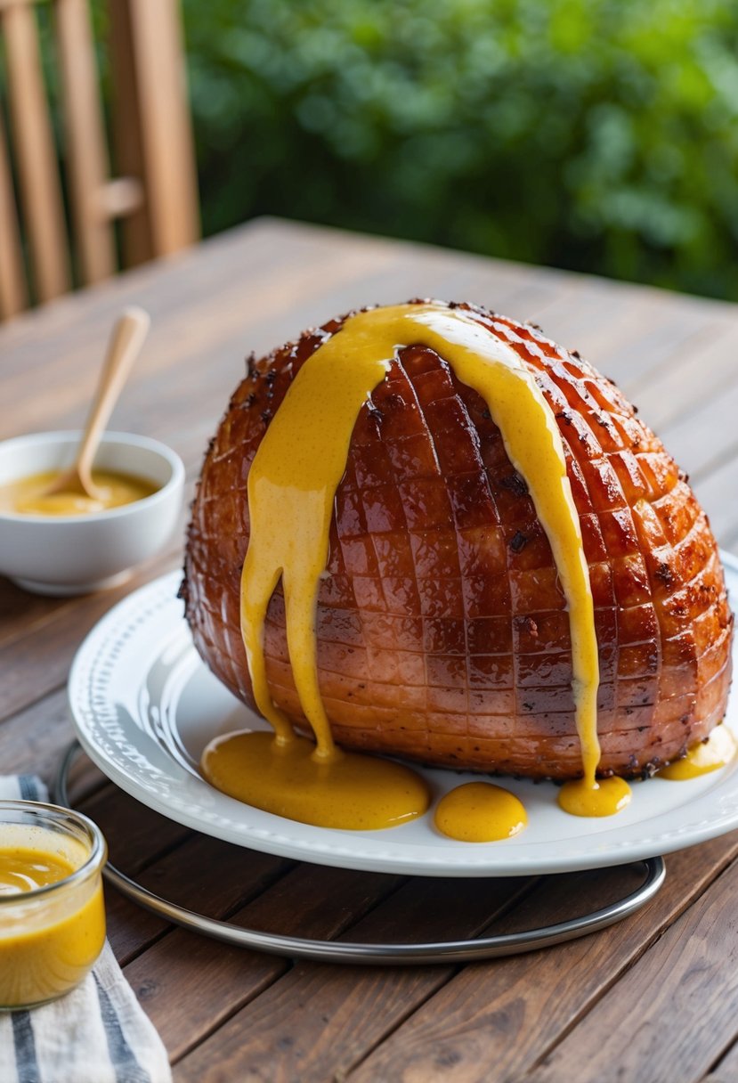 A glazed ham on a serving platter with a drizzle of honey mustard sauce