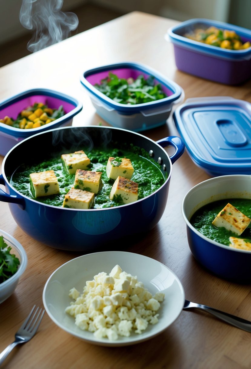 A table set with a steaming pot of saag paneer alongside a bowl of crumbled feta, with leftovers packed in Tupperware containers