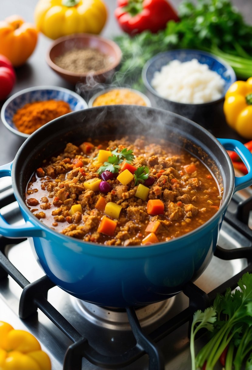 A steaming pot of ground turkey chili simmers on the stove, surrounded by colorful vegetables and aromatic spices