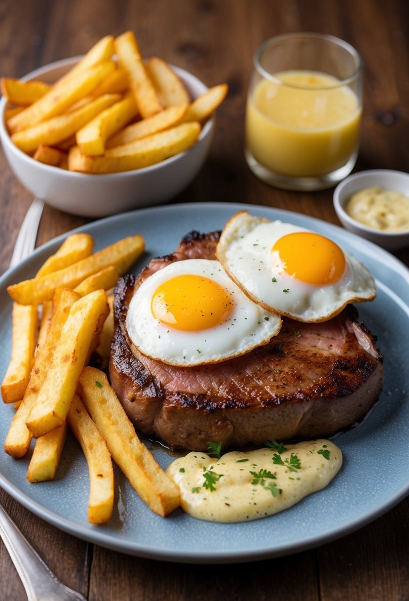 A sizzling gammon steak topped with two fried eggs, served alongside a generous portion of golden, crispy garlic butter fries