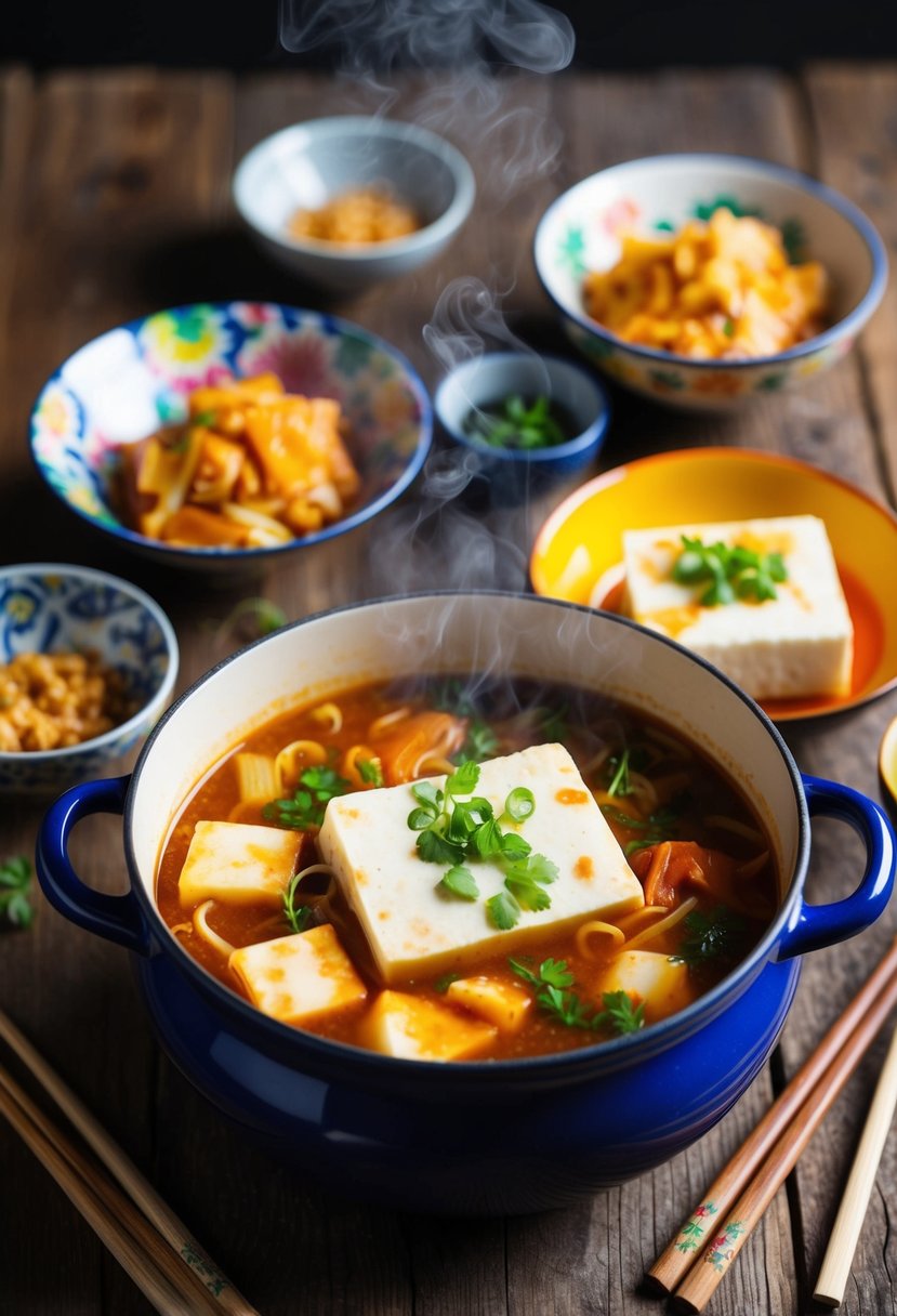 A steaming pot of tofu and kimchi stew sits on a rustic wooden table, surrounded by colorful ceramic bowls and chopsticks