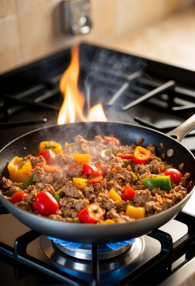 A sizzling skillet of ground turkey, bell peppers, and Italian seasonings cooking over a high flame on a stovetop