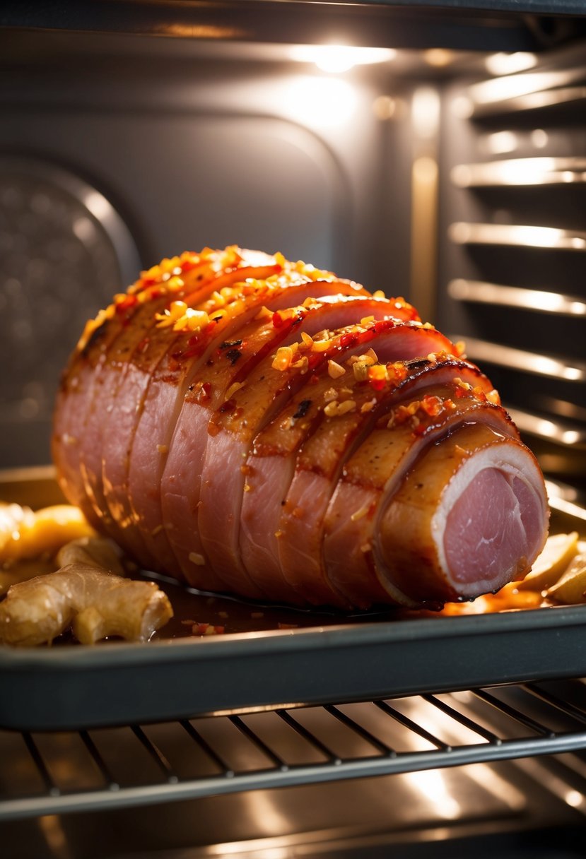 A gammon joint glazed with honey, chilli, soy sauce, and ginger, baking in the oven