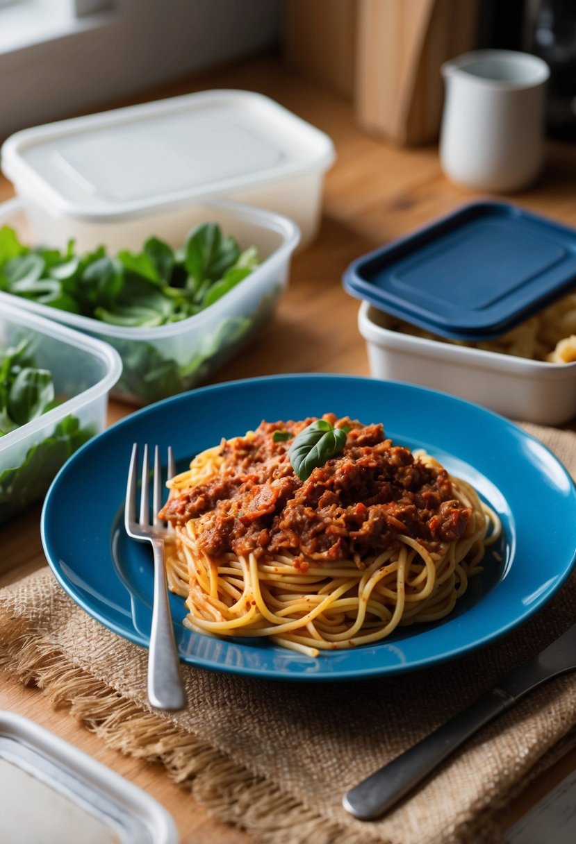 A plate of spaghetti Bolognese with a fork, surrounded by leftover containers in a cozy kitchen setting