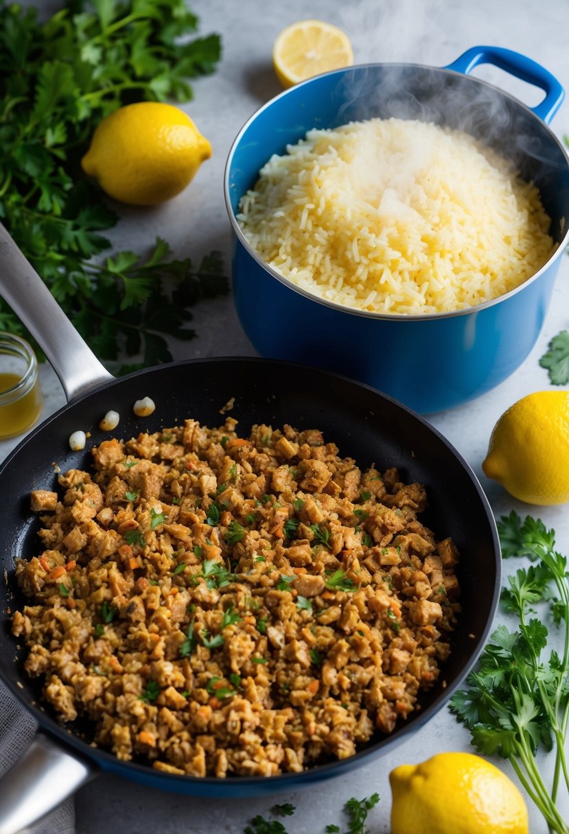 A steaming pot of lemon rice sits next to a sizzling skillet of seasoned ground turkey, surrounded by vibrant herbs and spices