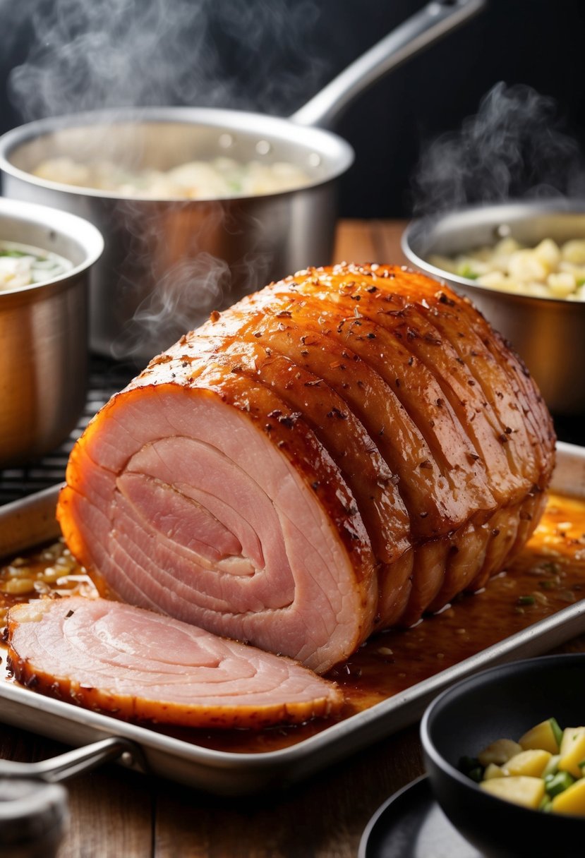 A sizzling gammon roast, glistening with sweet glaze, surrounded by steaming pots and pans