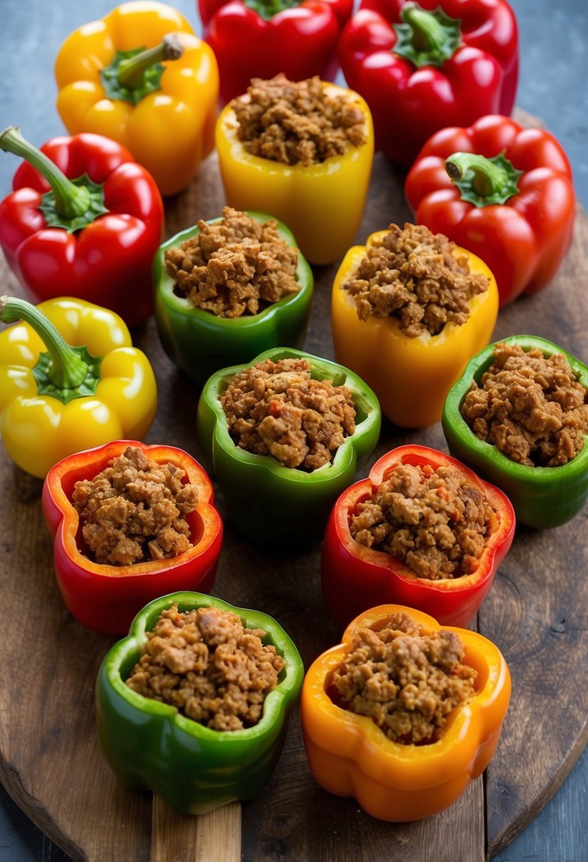 A colorful array of bell peppers stuffed with seasoned ground turkey, arranged on a rustic wooden cutting board