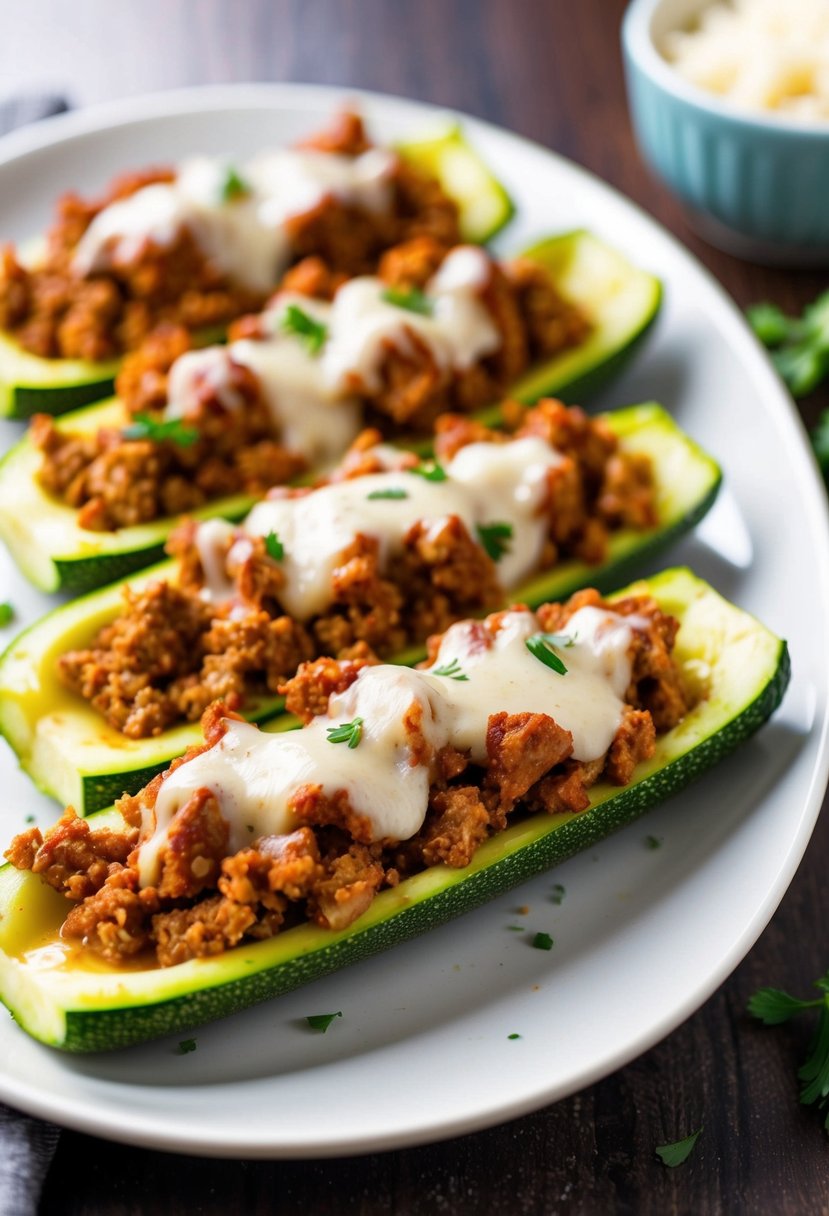 A platter of zucchini boats filled with seasoned ground turkey and topped with melted cheese