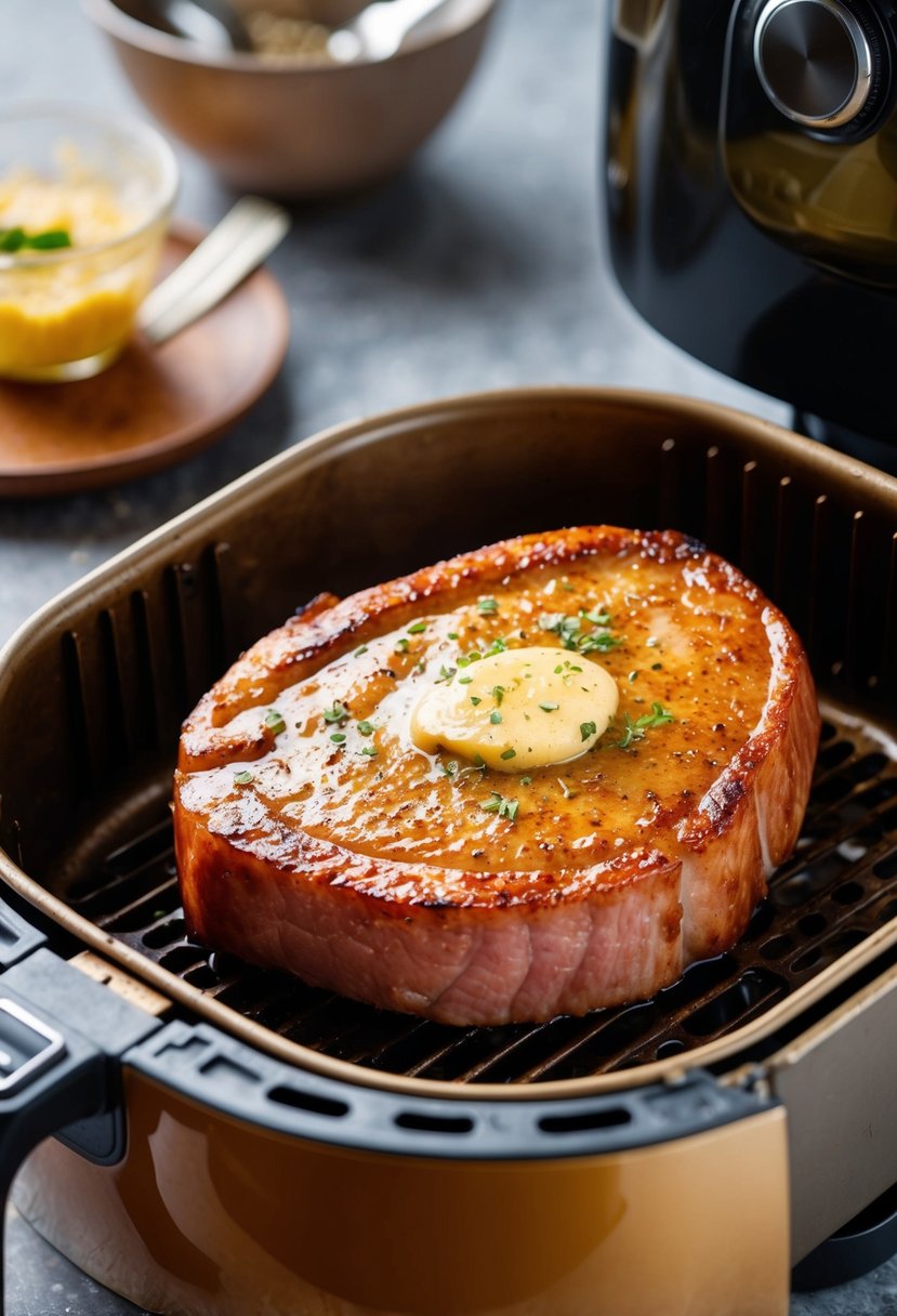 A sizzling gammon steak sizzling in an air fryer, coated with a golden garlic butter glaze