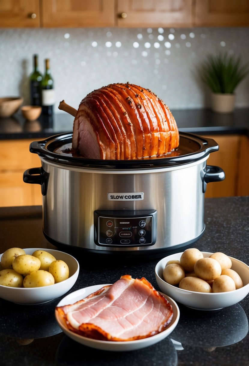 A slow cooker sits on a kitchen counter, filled with honey roast ham. Surrounding it are bowls of confit potatoes and gammon recipes