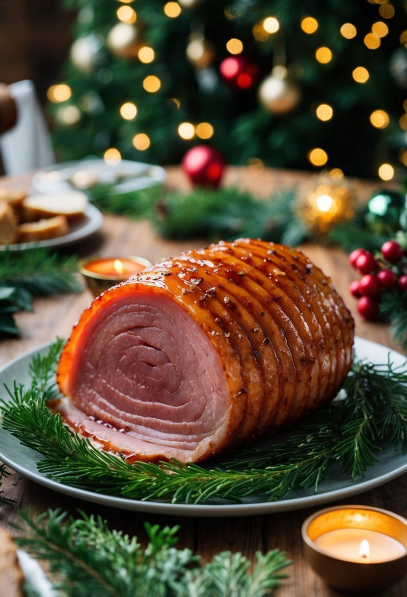 A succulent glazed gammon sits on a festive Christmas table, surrounded by seasonal greens and glistening with a sweet, sticky glaze