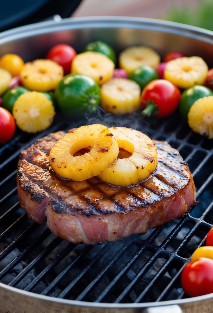 A sizzling gammon steak topped with caramelized pineapple slices, surrounded by colorful vegetables on a hot grill