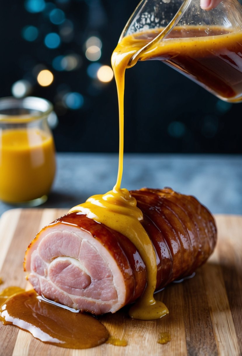 A gammon joint being glazed with a mixture of maple syrup and mustard, ready to be cooked