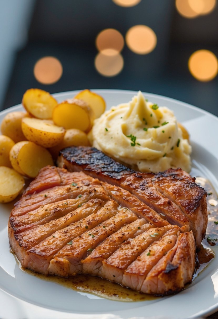 A sizzling gammon steak with a golden-brown crust sits on a plate next to a generous dollop of creamy garlic mashed potatoes