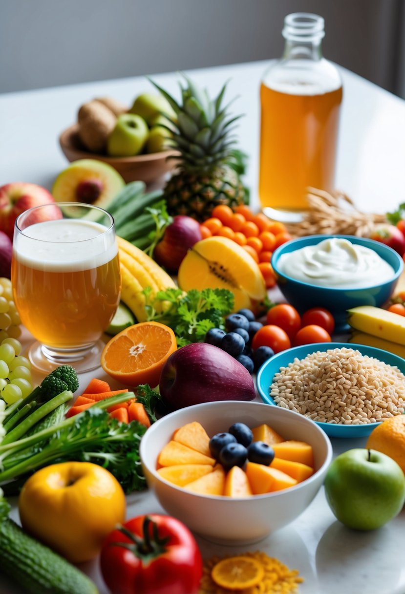 A colorful array of fruits, vegetables, whole grains, and probiotic-rich foods arranged on a table. A glass of kombucha and a bowl of yogurt complete the scene