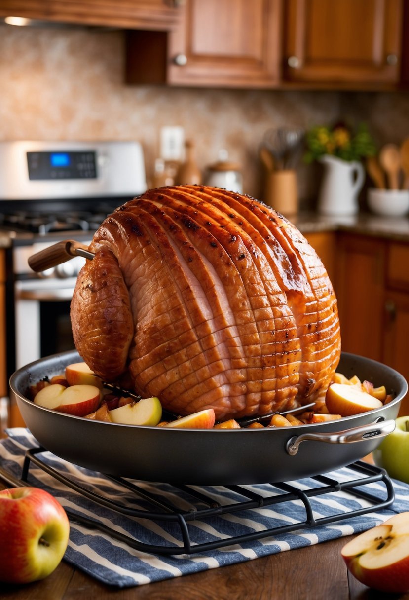 A whole ham roasting in a pan with maple syrup and apples, surrounded by a warm, inviting kitchen atmosphere