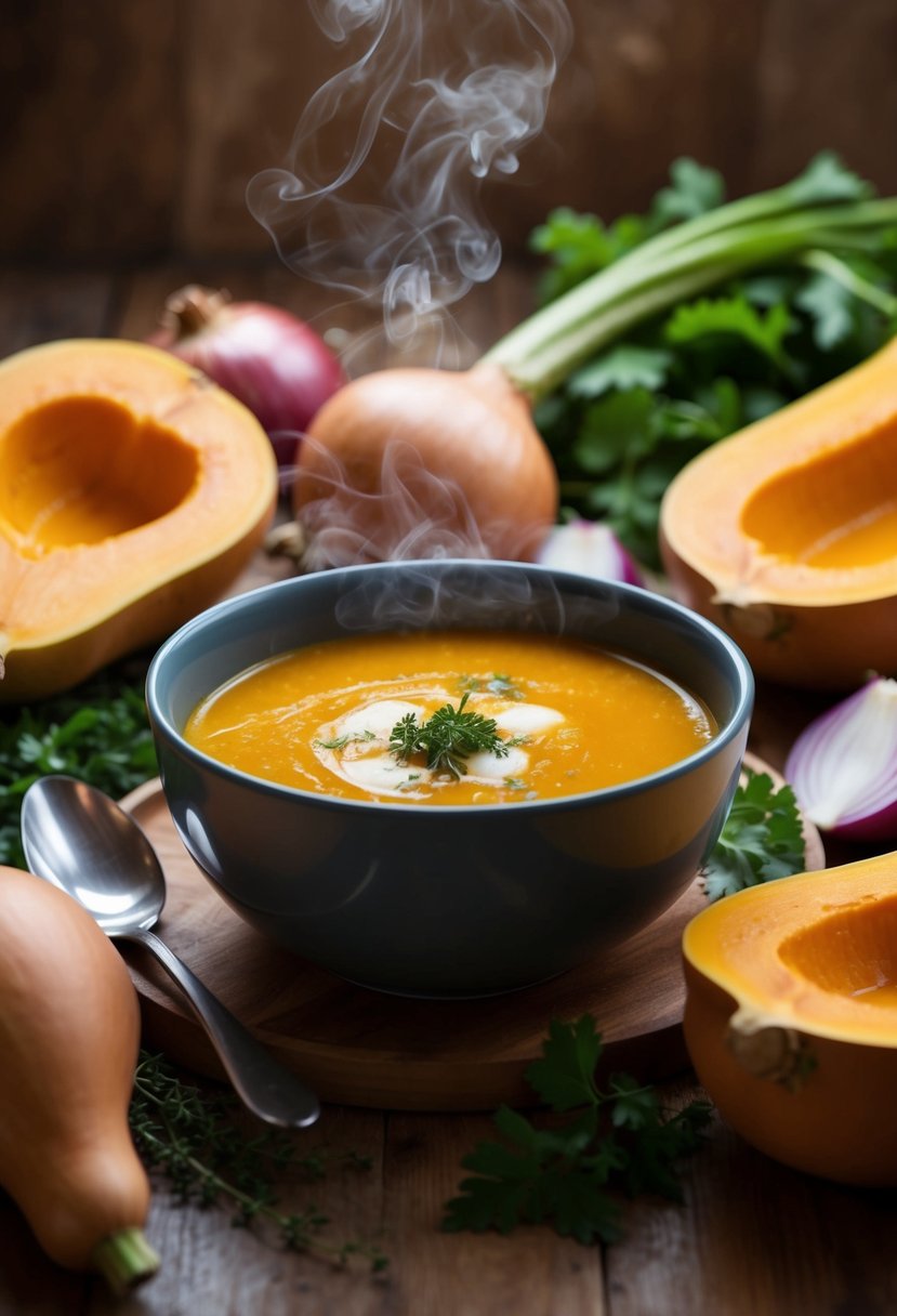 A steaming bowl of butternut squash soup surrounded by fresh ingredients like squash, onions, and herbs, with a warm, inviting atmosphere