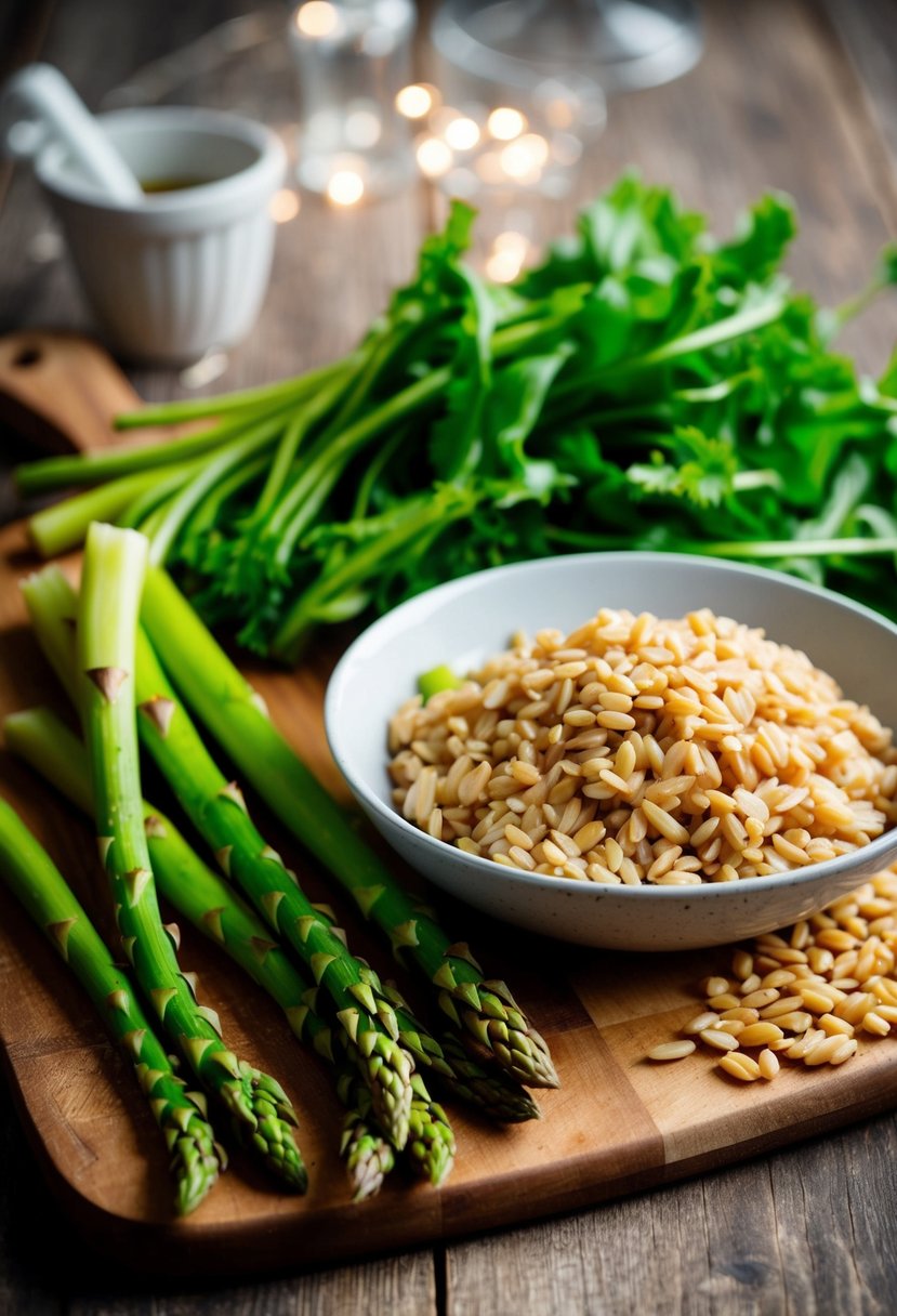 A rustic kitchen scene with a wooden cutting board, fresh asparagus, and vibrant spring greens next to a bowl of cooked farro