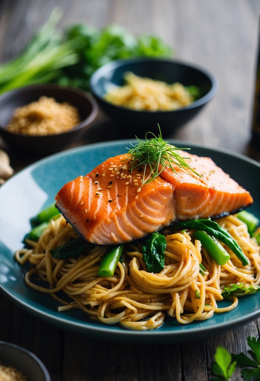 A plate of miso-glazed salmon sits atop a bed of ginger-infused noodles, surrounded by colorful vegetables and herbs