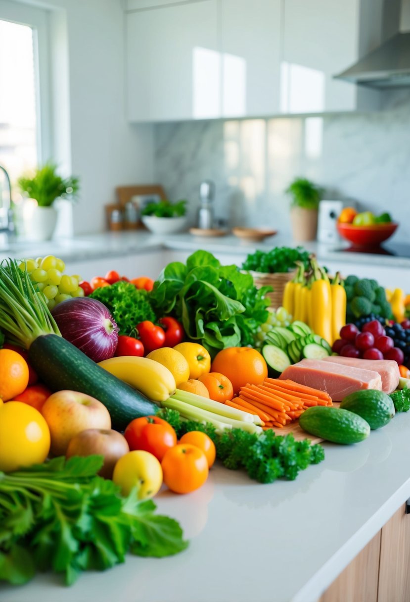 A colorful array of fresh fruits, vegetables, and lean proteins arranged on a clean, modern kitchen counter