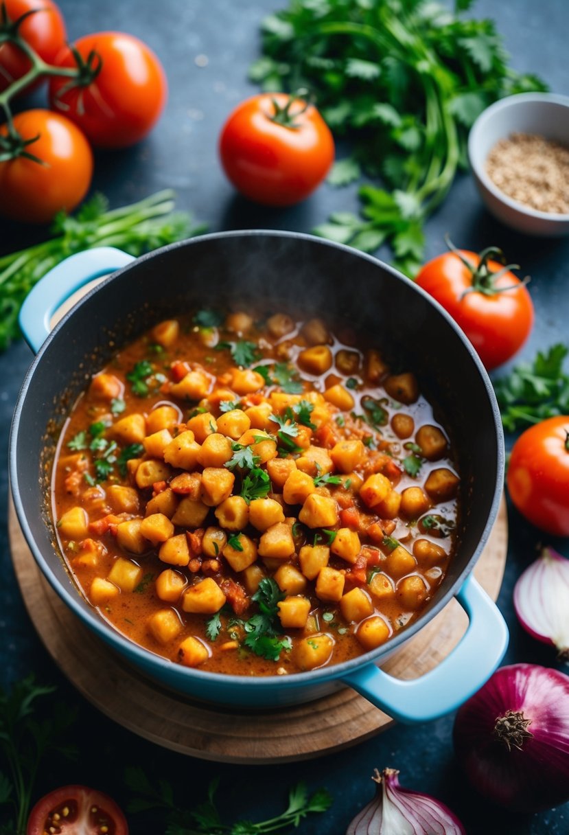 A simmering pot of spicy chickpea stew surrounded by vibrant, fresh ingredients like tomatoes, onions, and herbs