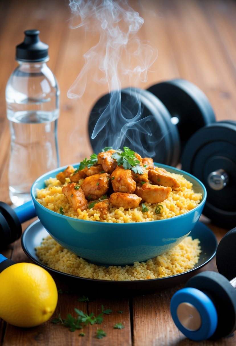 A steaming bowl of spicy chicken couscous surrounded by gym equipment and a water bottle