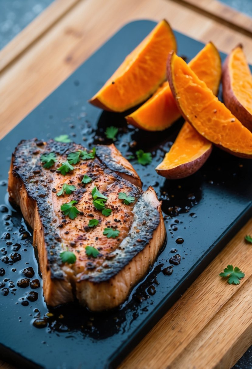 Sizzling tuna steak next to crispy sweet potato wedges on a cutting board