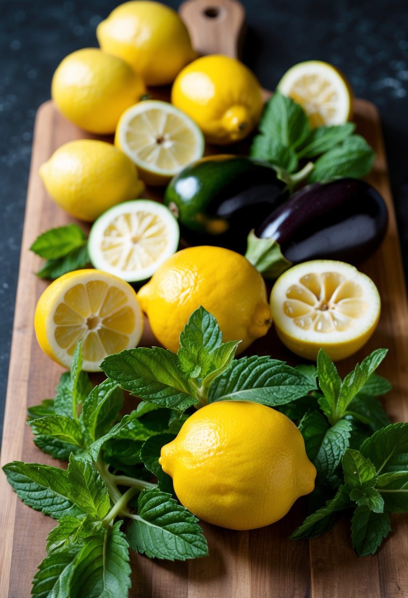 A vibrant assortment of fresh lemons, mint leaves, and aubergines arranged on a wooden cutting board