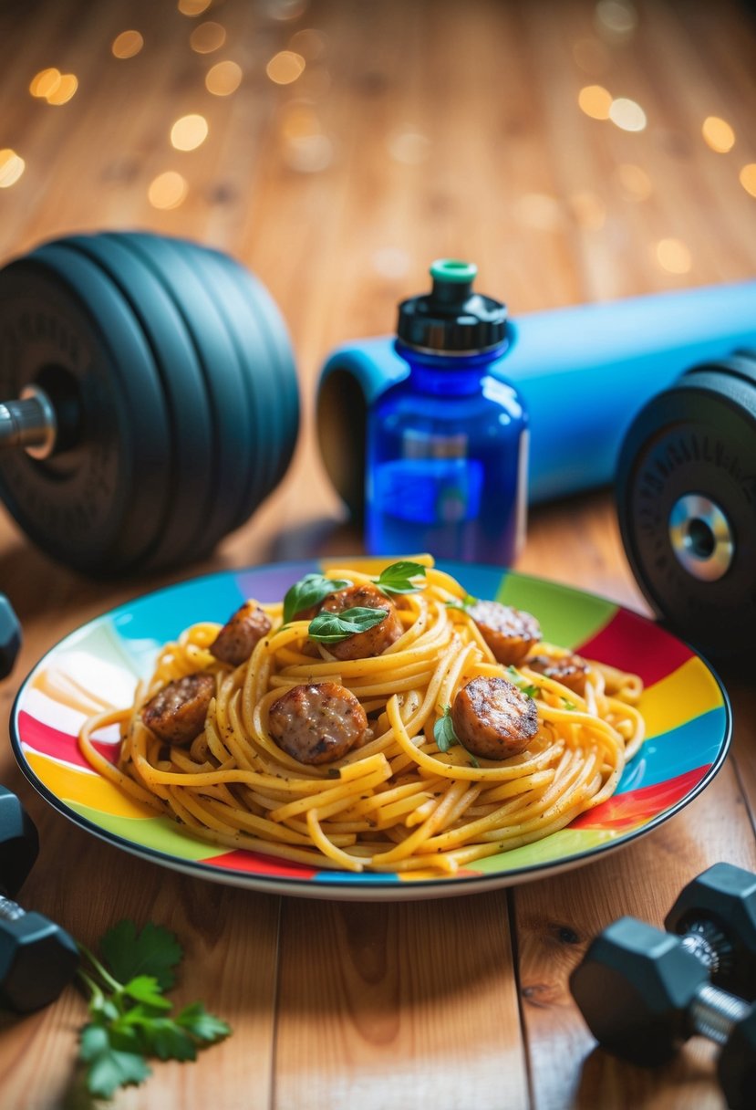 A colorful plate of lean sausage pasta surrounded by gym equipment and a water bottle