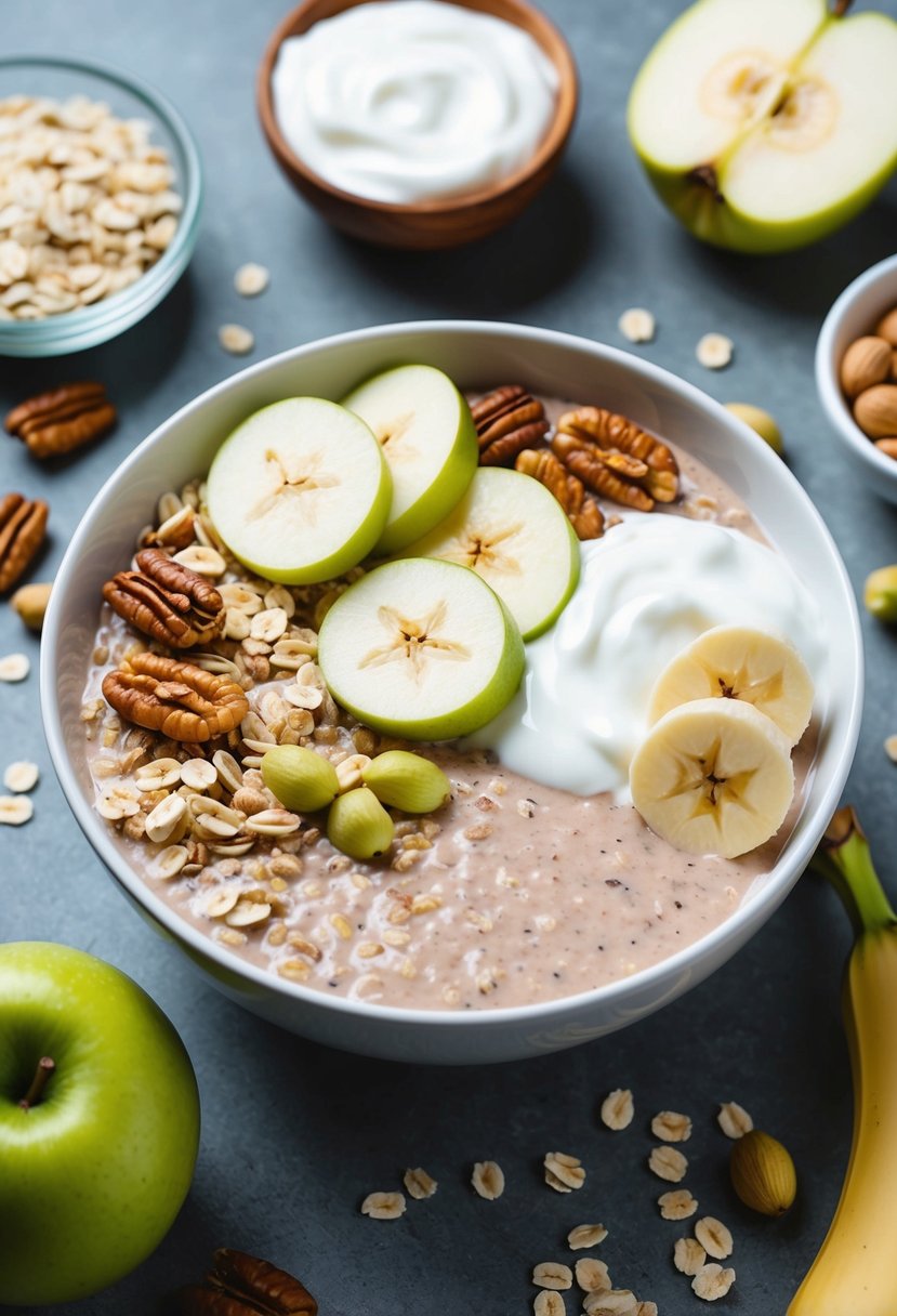 A bowl of Bircher Muesli with sliced apple and banana, surrounded by fresh ingredients like oats, nuts, and yogurt, with a focus on gut-healthy foods