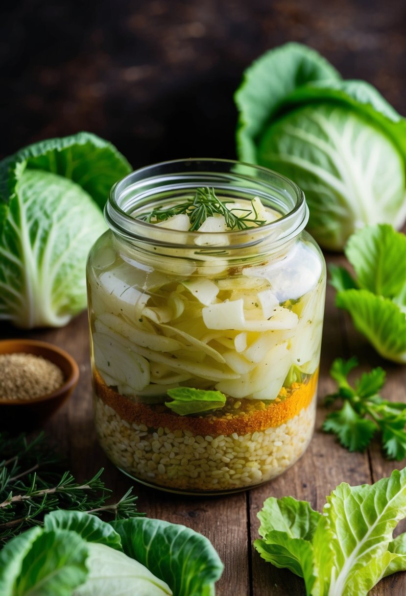 A glass jar filled with fermenting cabbage and spices, surrounded by fresh cabbage leaves and herbs