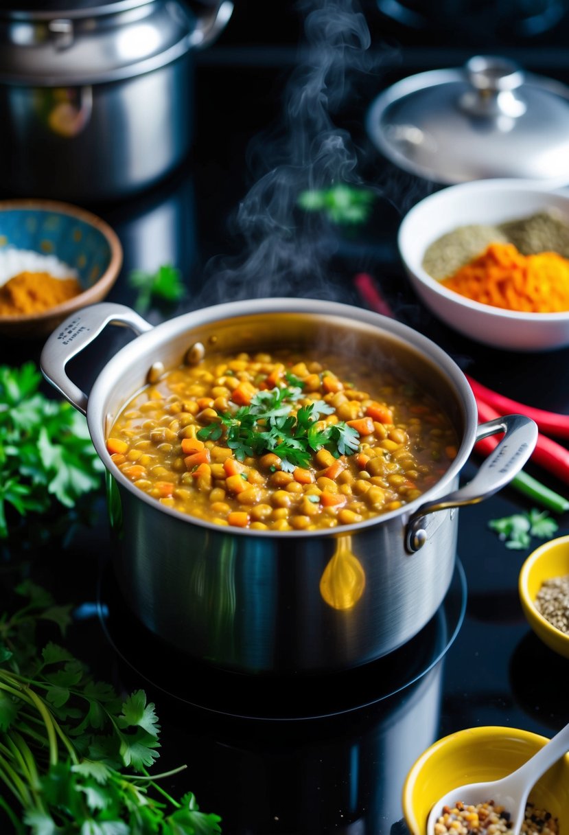 A steaming pot of lentil dahl simmering on a stovetop, surrounded by colorful spices and fresh herbs