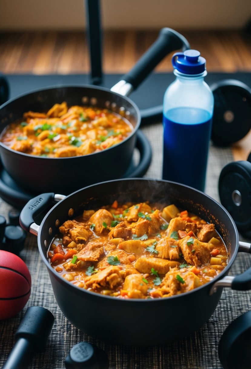 A pot of sizzling Cajun chicken jambalaya surrounded by gym equipment and a water bottle