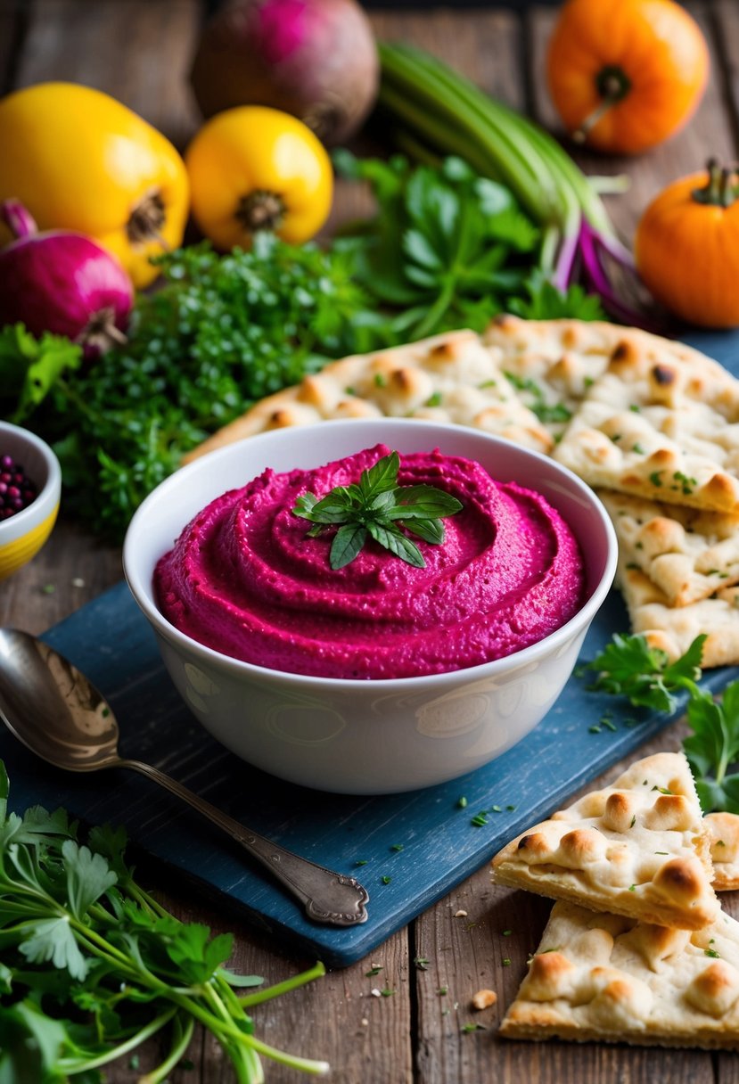 A bowl of vibrant beetroot dip sits next to freshly baked flatbread on a rustic wooden table. Surrounding the spread are colorful vegetables and herbs, evoking a sense of freshness and health