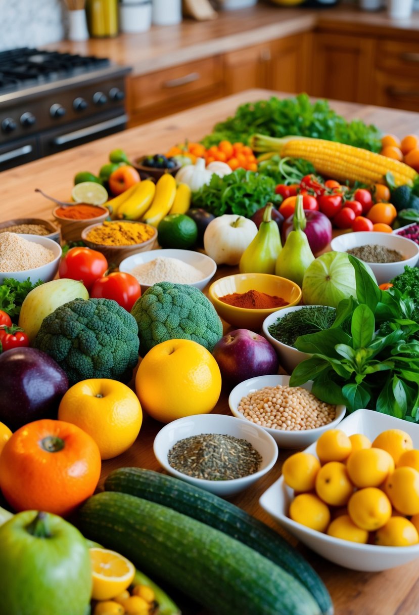 A colorful array of fresh fruits, vegetables, and grains, with a variety of spices and herbs, laid out on a wooden kitchen counter