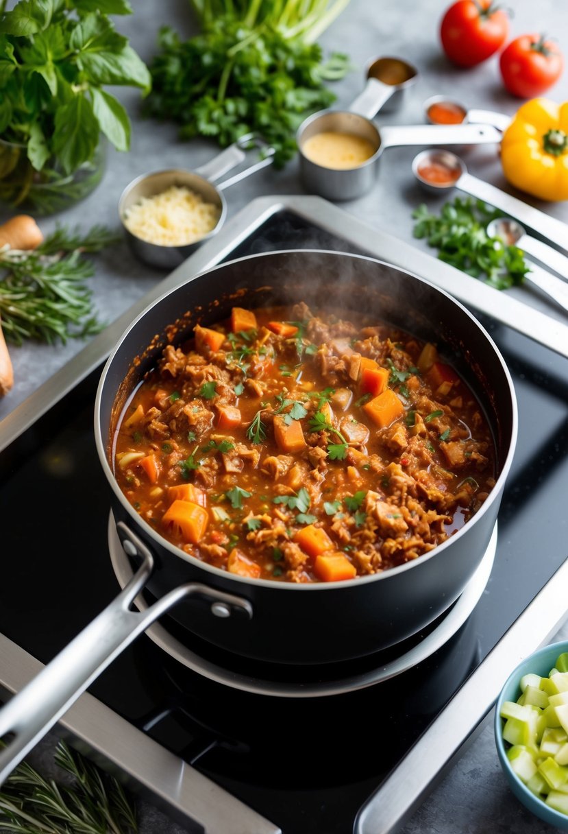 A pot of bubbling turkey bolognese simmers on a stovetop, surrounded by fresh herbs, chopped vegetables, and a set of measuring cups and spoons