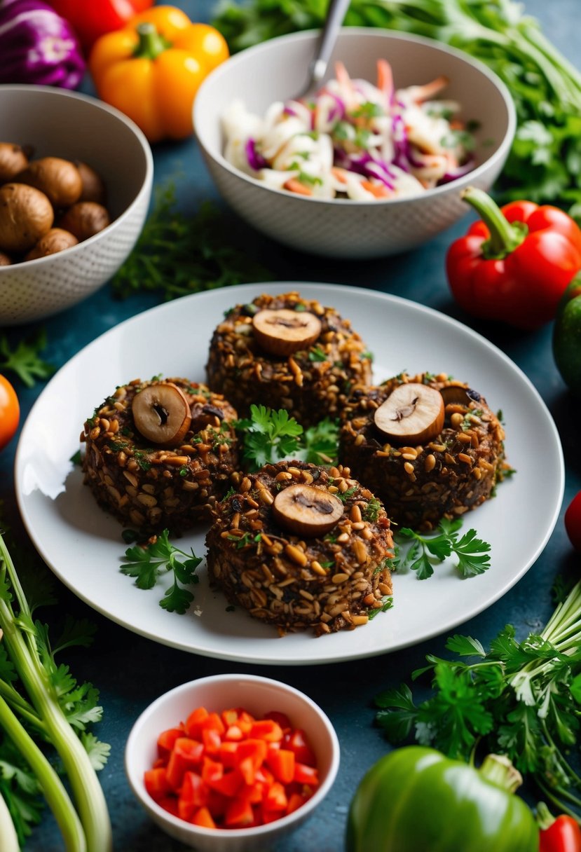 A table set with mushroom nut roasts and red slaw, surrounded by vibrant vegetables and herbs