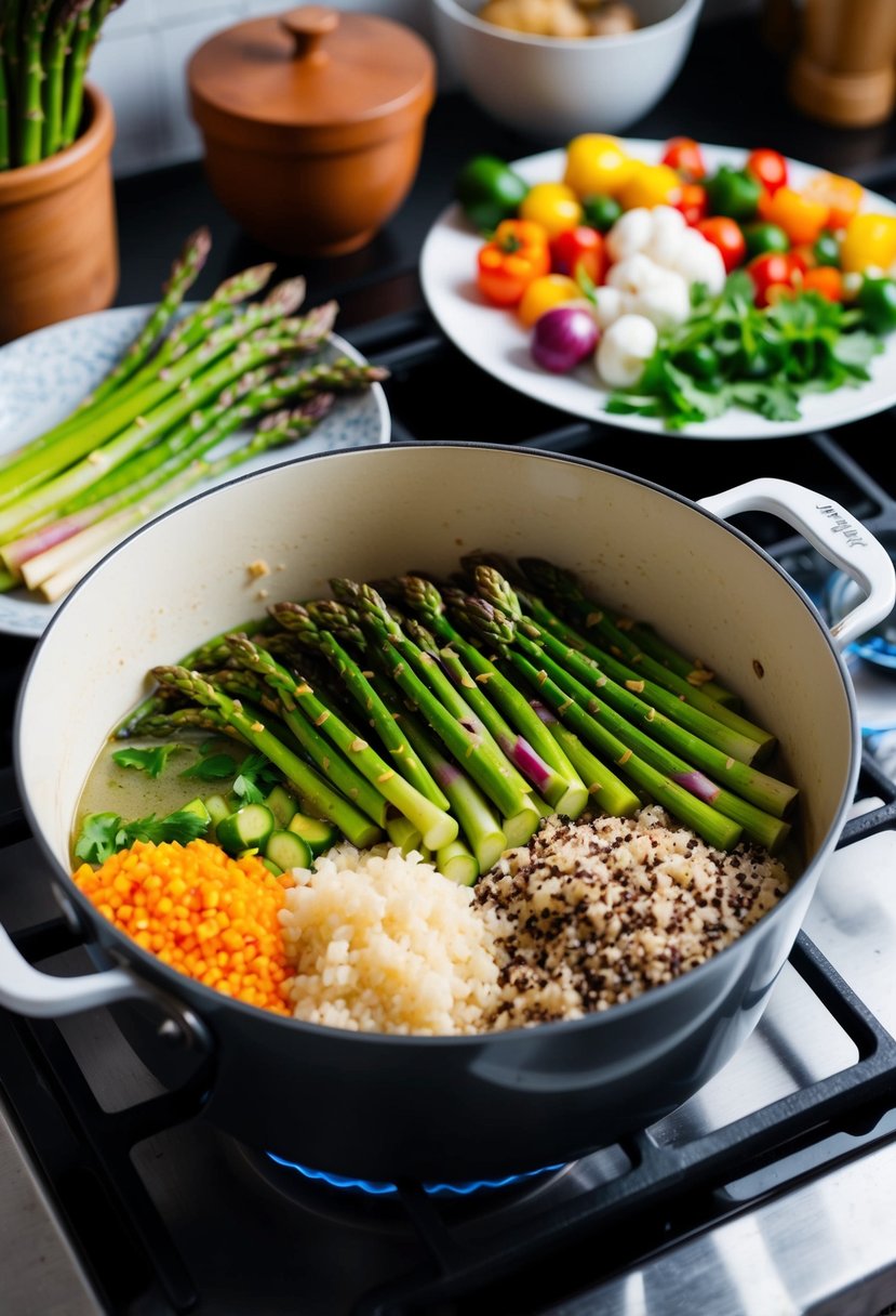 A colorful array of fresh asparagus, quinoa, and various vegetables simmering in a pot on a stovetop