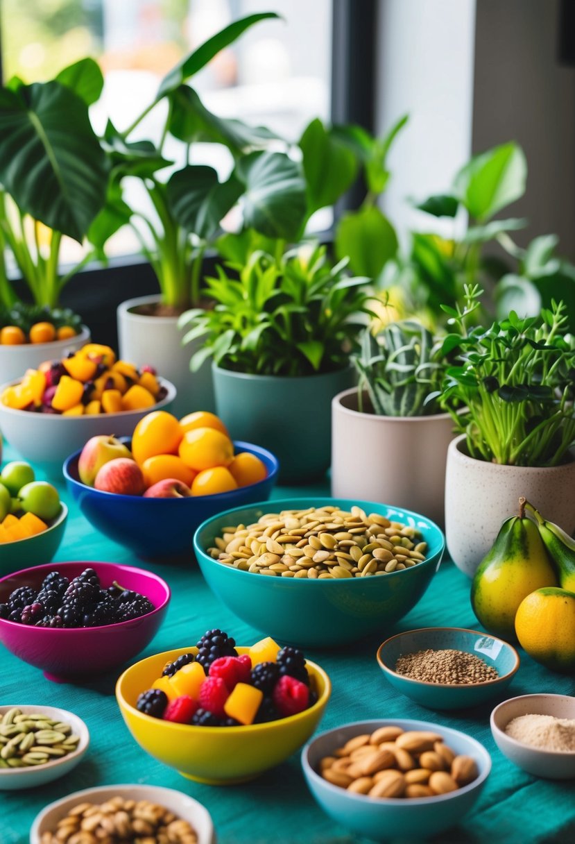 A table set with colorful bowls filled with vibrant fruits, nuts, and seeds, surrounded by fresh green plants and a variety of plant-based ingredients