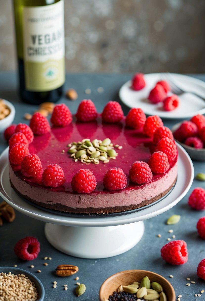 A table set with a vibrant, decadent raspberry vegan cheesecake surrounded by fresh raspberries and a scattering of nuts and seeds