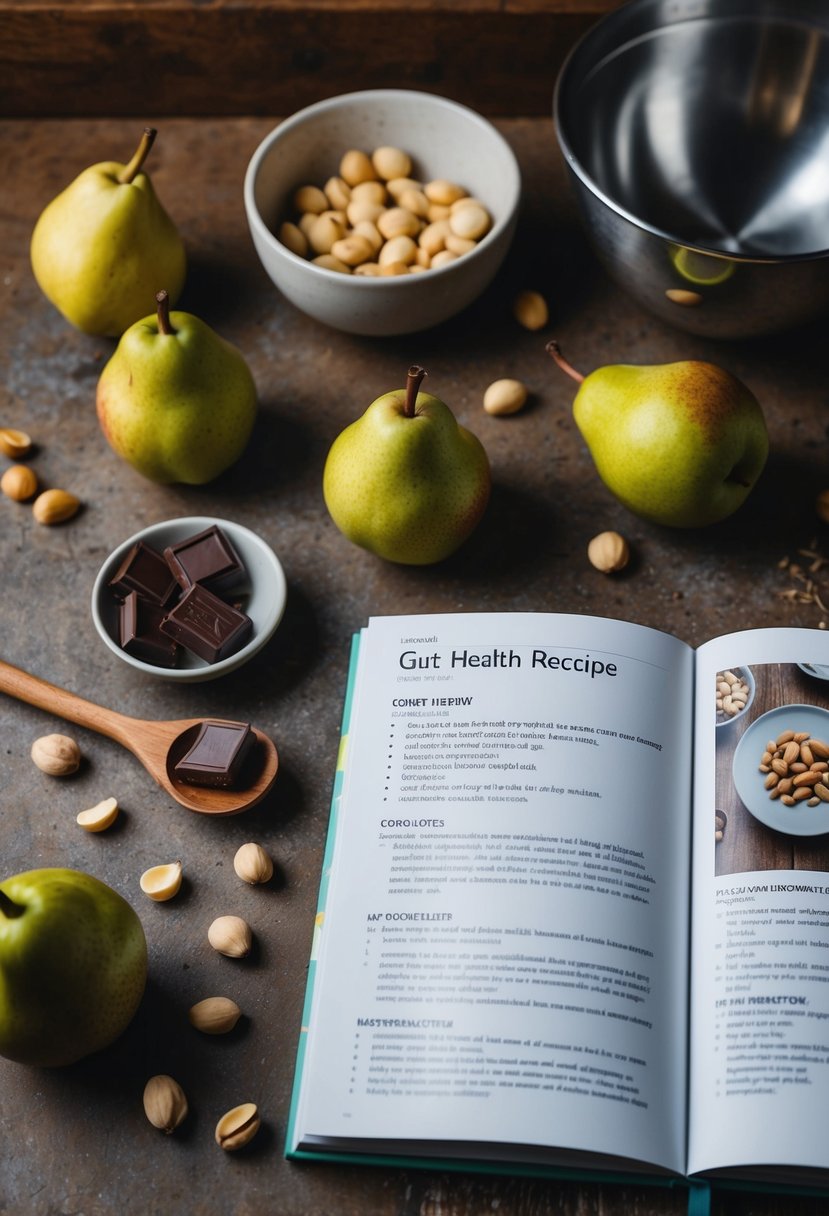 A rustic kitchen counter with scattered pears, macadamia nuts, and chocolate. A mixing bowl and a wooden spoon sit next to a recipe book open to a page on gut health